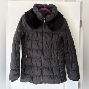 Via Spiga down & feather black zippered jacket with detachable real fur collar M